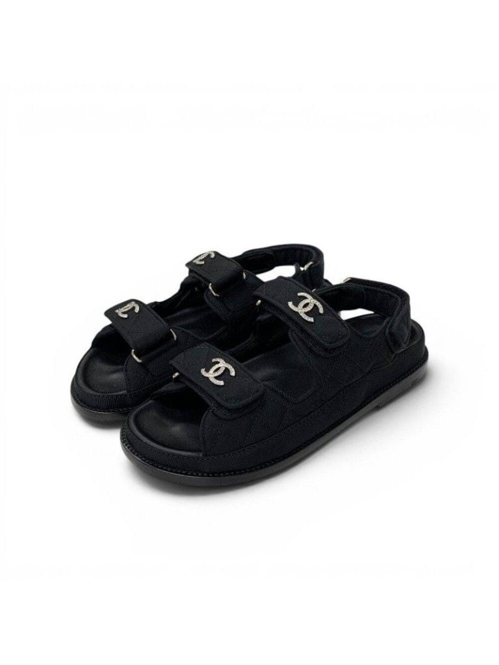 Chanel Sandals Shoes Fabric Black CC Logo Rhinestone Velcro Flat